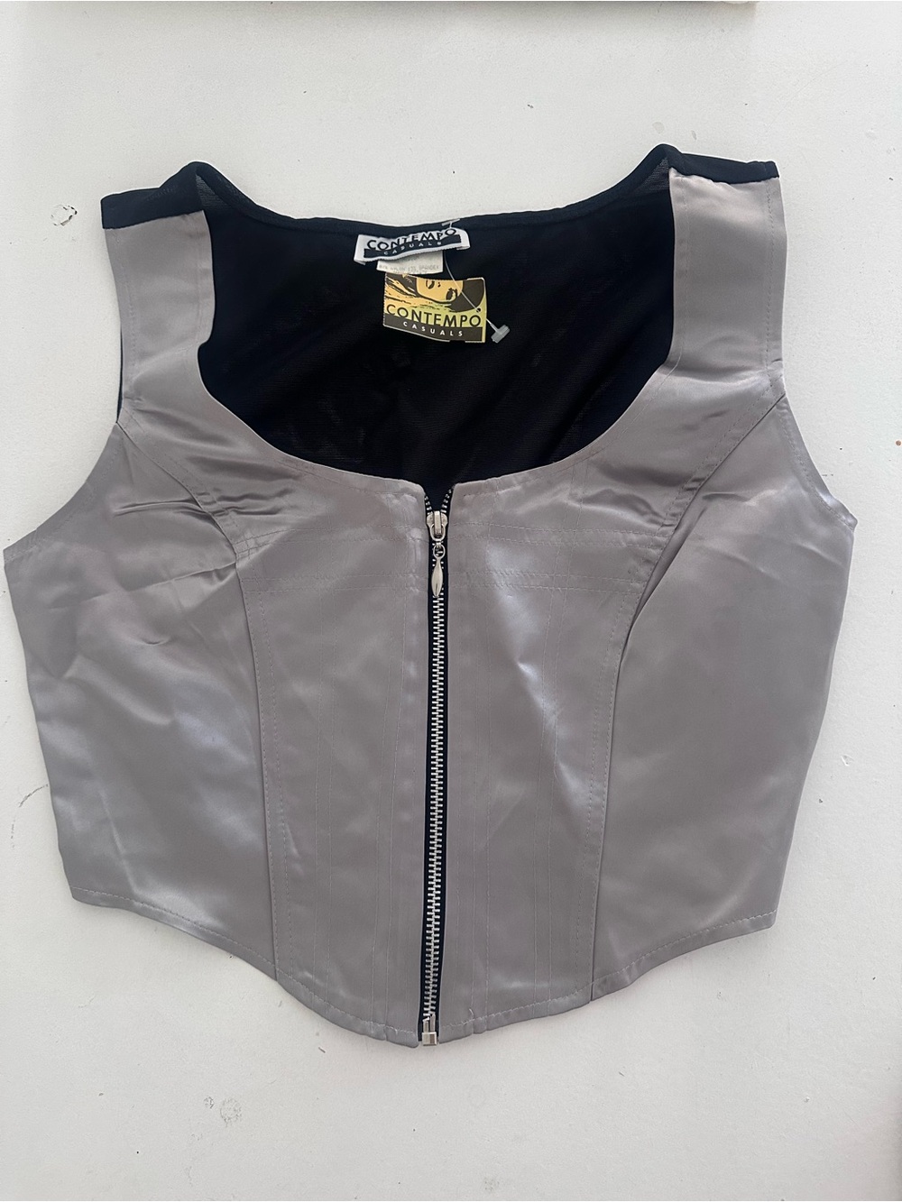 Vintage NWT Contempo Casuals Silver Metallic & Mesh Zip Crop Top / Corset Vest m